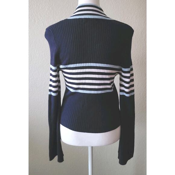 Cali‎ Be Full Zip Cardigan Sweater Women Medium Navy Blue Stripe Preppy Academia - Picture 8 of 13